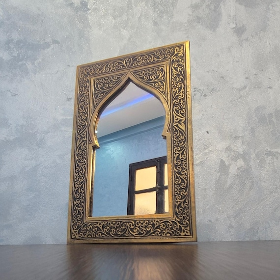 Handcrafted Moroccan Brass Mirror – Geometric Arch Design with Floral Engravings