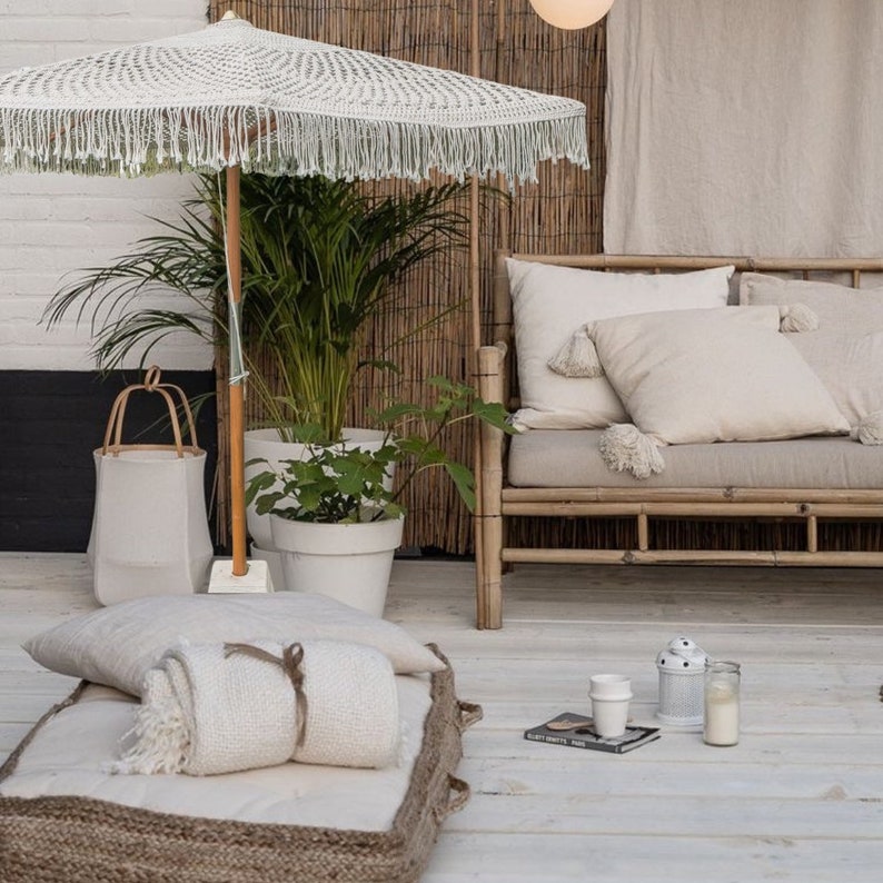 Macrame Crochet Umbrella With Fringe Teak Wood Etsy