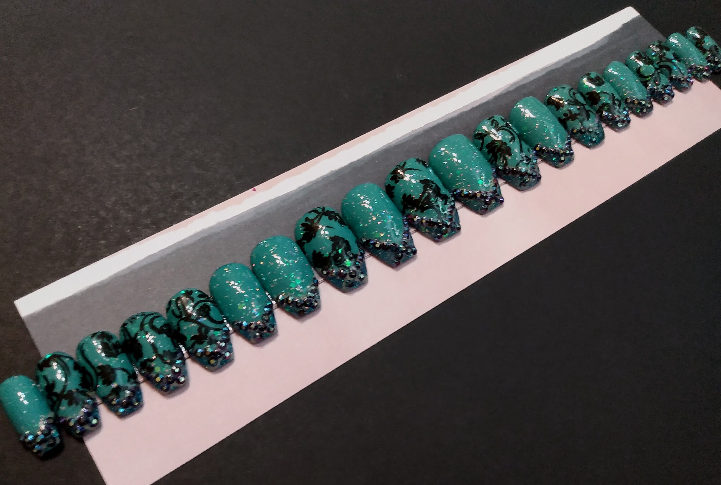 Teal Glitter Black Lace FULL SET Press on Nails Full Set Etsy