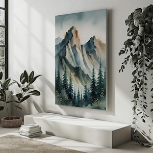 Majestic Mountain Wall Art Printable – Digital Download, Green and Gold Landscape, Calm Nature Decor for Living Room & Meditation Space