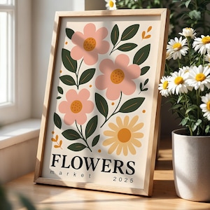 Vintage Floral Poster 2025 | Flowers Market Wall Art | Botanical Print | Retro Flower Illustration | Pink & Yellow Home Decor