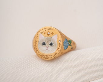Custom Pet Memorial Ring, Cat Enamel Ring, Pet Photo Ring, Hand Painted Ring, Cat Jewelry For Women, Gift For Pet Loss, Sterling Silver Ring