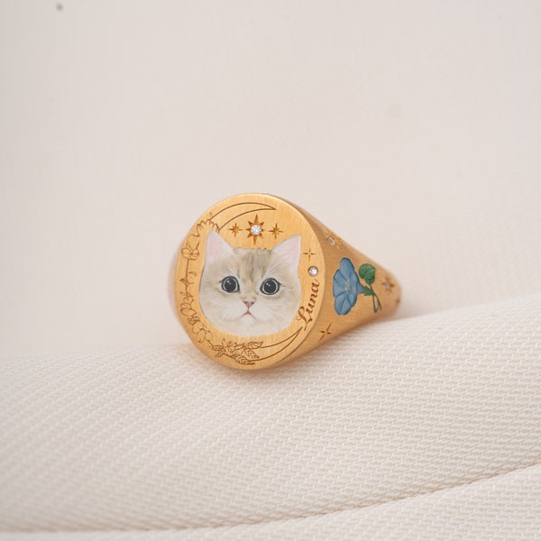 Custom Pet Memorial Ring, Cat Enamel Ring, Pet Photo Ring, Hand Painted Ring, Cat Jewelry For Women, Gift For Pet Loss, Sterling Silver Ring