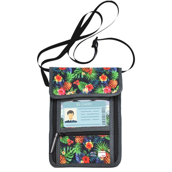 Travel RFID blocking security neck pouch wallet bag waterproof ID window passport money credit card holder Tropical Fruit Pineapple w flower