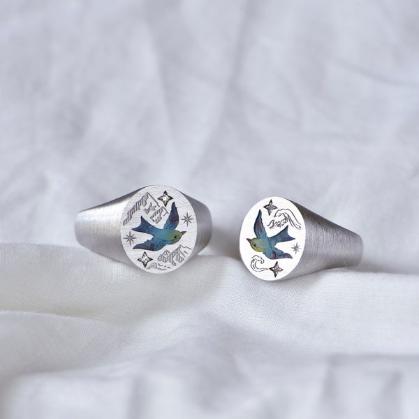 Custom Pet Memorial Ring, Sterling Silver Ring, Bird Enamel Ring, Pet Photo Ring, Pet Gifts, Personalized Gift For Pet Loss