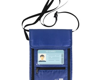 Travel RFID blocking security neck pouch wallet bag waterproof w.ID window passport money credit card holder stash Navy Blue