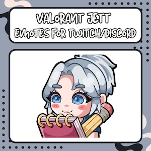 May include: A cartoon illustration of Jett from Valorant, a popular first-person shooter video game. Jett is a female character with blue eyes and white hair. She is holding a pencil and a pink notebook with gold rings.