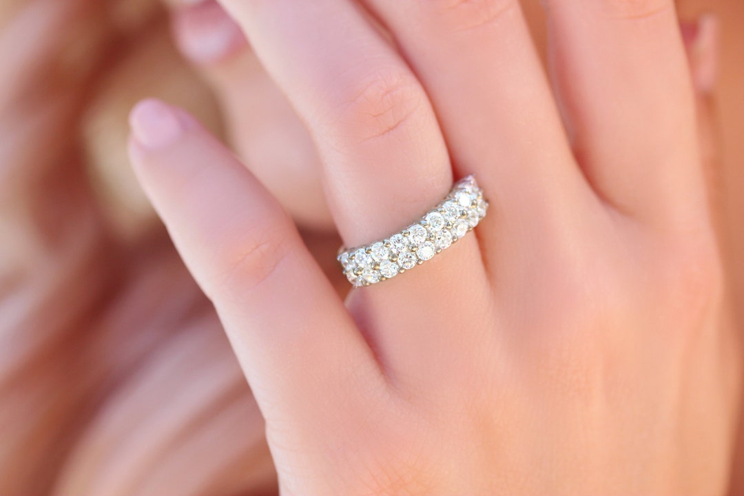 14k White Gold Double Row Simulated Diamond Half Eternity Ring - Etsy