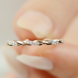 TWIST DIAMOND RING | Tiny Diamond Stacking Gold Ring | Twisted Wedding Ring | Minimalist Spiral Gold Band For Wedding | Women Birthday Gift