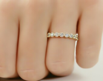 Diamond Eternity Wedding Band, Solid Gold Wedding Band, Milgrain Diamond Band, Anniversary Ring, Stack Rings, Natural Diamond Wedding Band