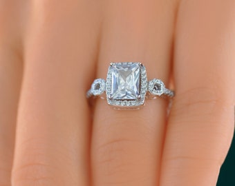 RADIANT CUT RING | Women Wedding Moissanite Ring Band | 2 Ct Diamond Engagement Ring | 14k Gold Halo Moissanite Cut Diamond Rings