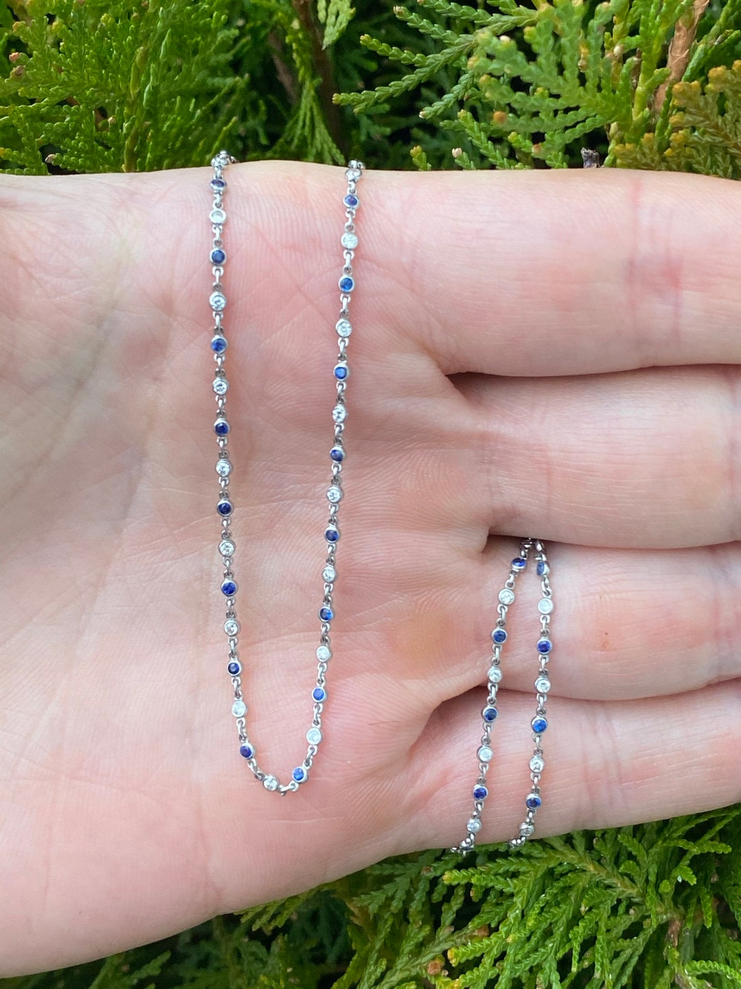 Platinum Diamond by the Yard Necklace With Natural Blue Sapphires 108