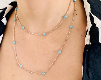 Art Deco Style Platinum Turquoise Station Necklace 1.20 ct. SI1-2 Clarity GH Color 36" Inches