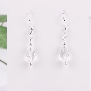 Clear Crystal Teardrop Sterling Silver Earrings, Handcrafted Clear Faceted Beaded Dangle Earrings, Elegant Drop Earrings, Gift For Her