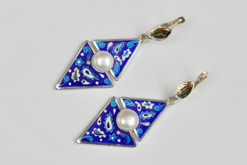 Silver Earrings With Pearls . Cloisonne Enamel on Fine Silver