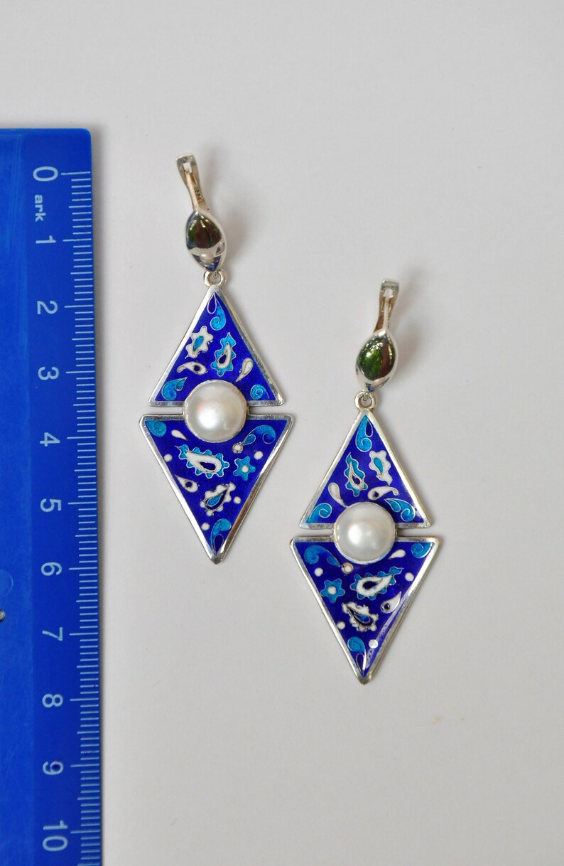 Silver Earrings With Pearls . Cloisonne Enamel on Fine Silver