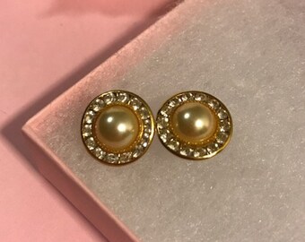 Gold Faux Pearl Faux Diamond Studs