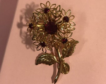 Gold Flower Brooch with Faux Rubies