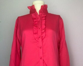 Size S-M / 80s Women's Ruffle Blouse / Hot Pink Shirt / Fuchsia Top