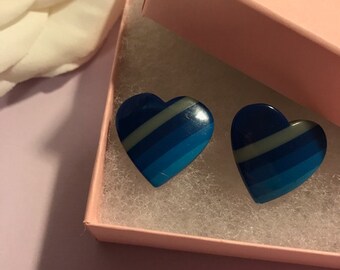 Vintage Blue, Gray Striped Heart Earrings Stud