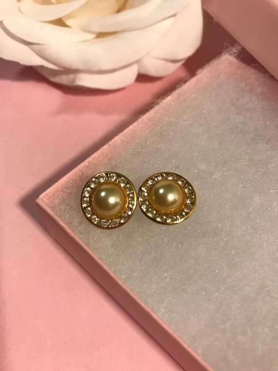 Gold Faux Pearl Faux Diamond Studs