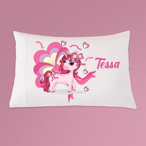 Taie d'oreiller personnalisée licorne rose pour enfants, cadeau personnalisé, literie licorne, décoration licorne