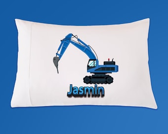 Childrens Construction Truck Excavator Digger Personalized Pillow Case, Kids Construction Bedding