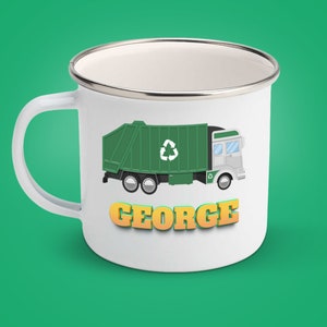 Kids personalized garbage truck mug, Enamel trash truck cup, Garbage truck gift, Recycling truck cup, Original gift idea