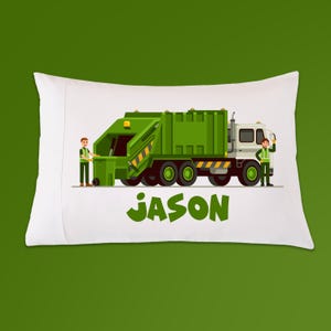 Childrens Personalized Garbage Truck With Sanitation Worker Pillow Case, Garbage truck birthday, garbage truck bedding