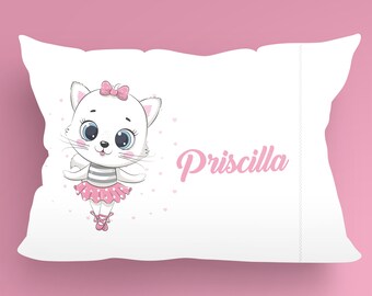 Personalized Little Girls Cute Cat Ballerina Pillow Case