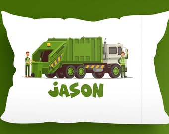 Childrens Personalized Garbage Truck With Sanitation Worker Pillow Case, Garbage truck birthday, garbage truck bedding