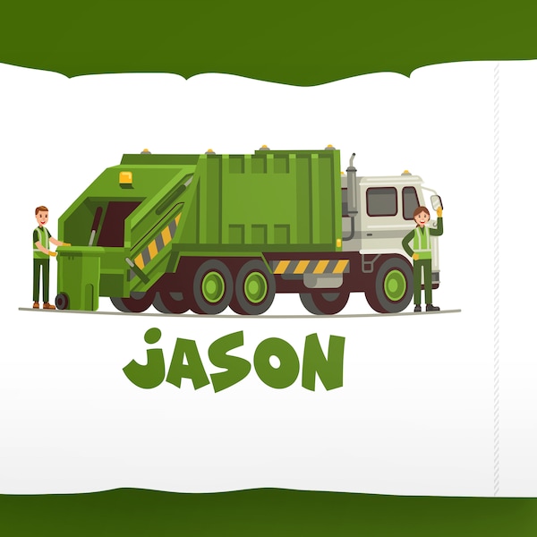 Childrens Personalized Garbage Truck With Sanitation Worker Pillow Case, Garbage truck birthday, garbage truck bedding