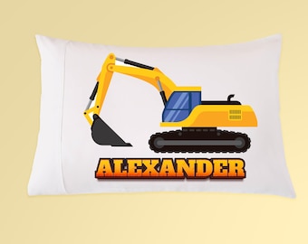 Childrens Construction Truck Excavator Personalized Pillow Case, Construction Bedding