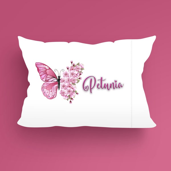 Personalized Children's Kids Pink Butterfly Flower Pillow Case | Birthday Gift for Girl | Nursery Bedroom Decor