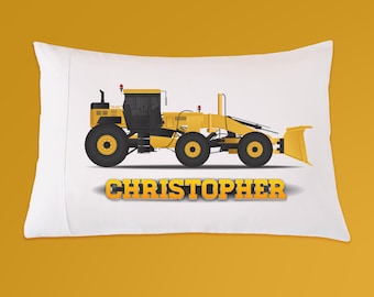Childrens Construction Truck Snow Plow Excavator Personalized Pillow Case, Construction Bedding