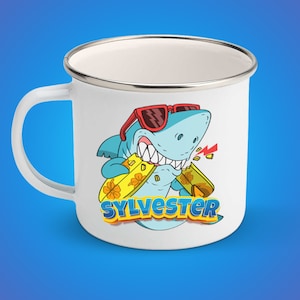 Personalized cartoon shark enamel mug,Shark gift,Cusomized camping mug,Shark week gift,Shark birthday gift