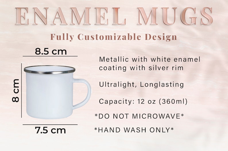 Op de afbeelding: Witte emaille mok met een zilveren rand. De mok is 8 cm hoog, 8,5 cm breed en 7,5 cm in diameter. Hij heeft een capaciteit van 360 ml. *NIET IN DE MICROWAVE* *ALLEEN HANDWAS*