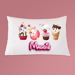 Childrens Personalized Pillow Case Cute Cartoon Cats, Cat Lovers Gift