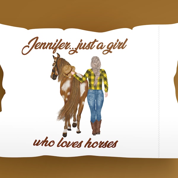 Personalized Girl Loves Horses Pillow Case,Equestrian bedding.Gift for horse lover,Farm bedding