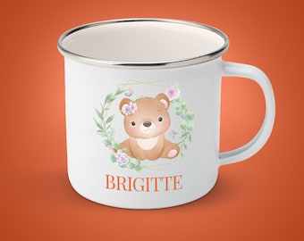 Schattige dieren gepersonaliseerde emaille mok, gepersonaliseerde bloemencollectie mok beer konijn hert vos egel panda luiaard