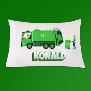 Childrens Personalized Garbage Recycling Truck With Sanitation Worker Pillow Case, Garbage Truck Pillow, Trash Truck Bedding
