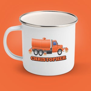 Kids custom garbage truck mug, Enamel trash truck cup, Garbage truck gift, Recycling truck cup, Original gift idea