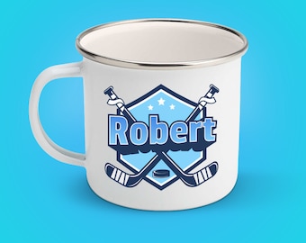 Gepersonaliseerde mok met hockeylogo, geëmailleerde sportmok, cadeau hockeyspeler, hockeydrinkgerei, cadeau hockeyteam