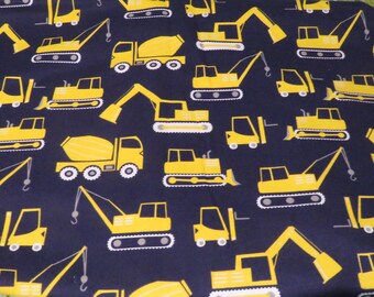 Construction fabric, flannel fabric, fabric by the yard, yellow construction trucks design fabric