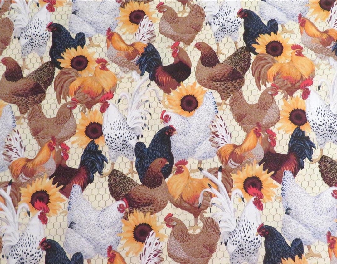 Chicken Fabric, 100% Cotton Fabric, Beautiful Hens Fabric, Cute Chicken ...