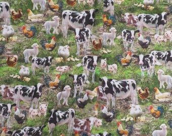 May include: A fabric pattern featuring a farm scene with cows, chickens, lambs, and pigs. The animals are set against a green grassy background. The cows are black and white, the chickens are brown and red, and the lambs are white.