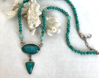 Peruvian Opal Necklace set in sterling silver with Amazonite beads