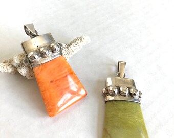 Handmade large Trapezoid pendants in  orange Spondylus or green Serpentine set in sterling silver.