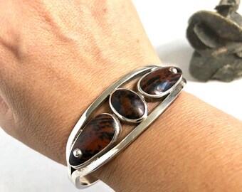 Brown Obsidian and Sterling Silver adjustable cuff bracelet