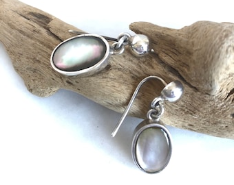 Handmade Mother of Pearl or Brown obsidian set in sterling silver drop earrings
